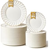 Stock Your Home 100 Pack – Elegant Ivory & Gold Scalloped Plastic Plates – Heavy-Duty Disposable Cream Plates with Gold Rim for Thanksgiving, Holidays, Dinners & Parties