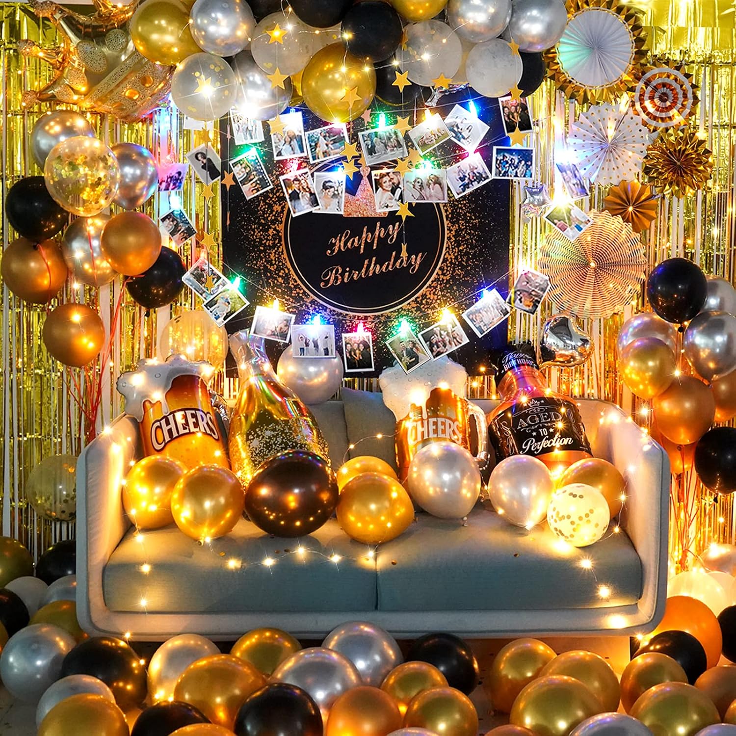 Adult Birthday Party Decoration for Men and Women Gold Theme Happy Birthday Poster Supplies Set With String Light for Charming night- All Total 79 Pcs