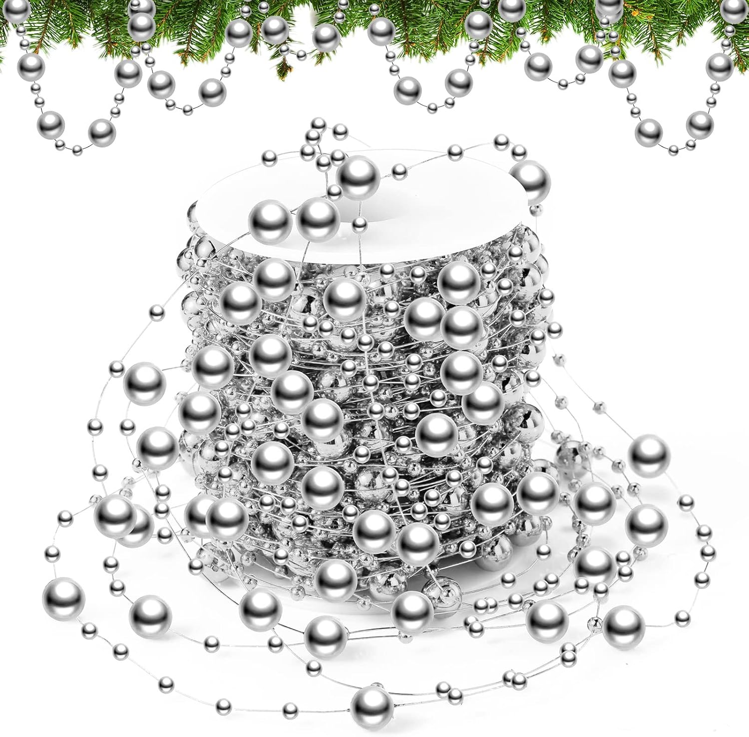 Wreaths, Garlands & Swags - Pangda 65.6 Feet Christmas Tree Beads Garland Plastic Pearl Strands Chain for Christmas Wedding Decoration (Silver)