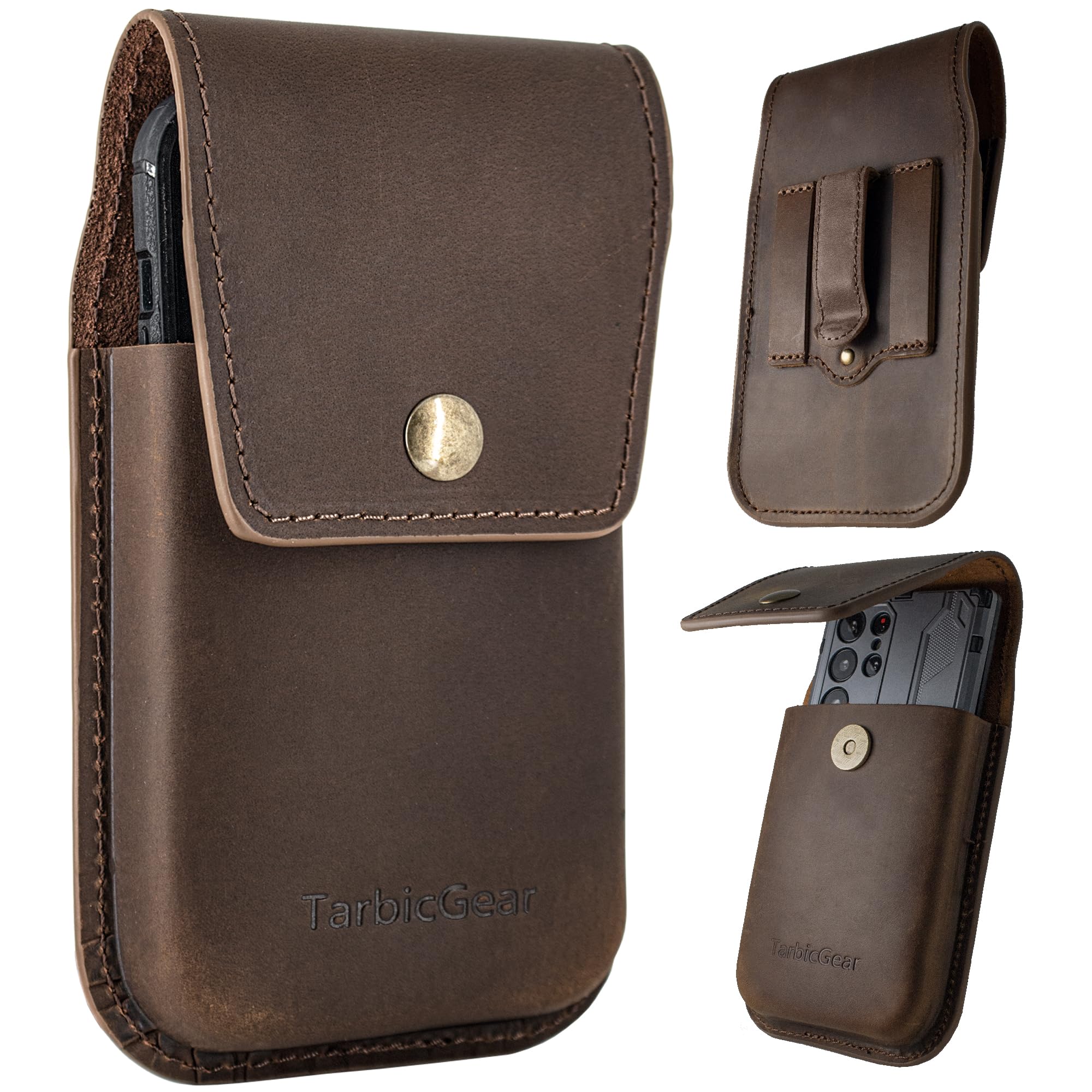 Photo 1 of TarbicGear Leather Cell Phone Holster for Men, Universal Leather Phone Case Waist, iPhone 16 Pro Max Belt Holder, S23 Ultra Belt Clip Pouch, Dark Brown Color