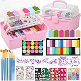 Kids Face Painting Kit with Organizer Box - Rainbow Color Non Toxic & Washable Face Paint Set with Stencils, Brush & Gems Kids Party Makeup for Halloween, Carnival & Costume