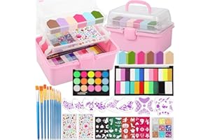 CAFFOX Kids Face Painting Kit with Organizer Box - Rainbow Color Non Toxic & Washable Face Paint Set with Stencils, Brush & Gems Kids Party Makeup for Halloween, Carnival & Costume