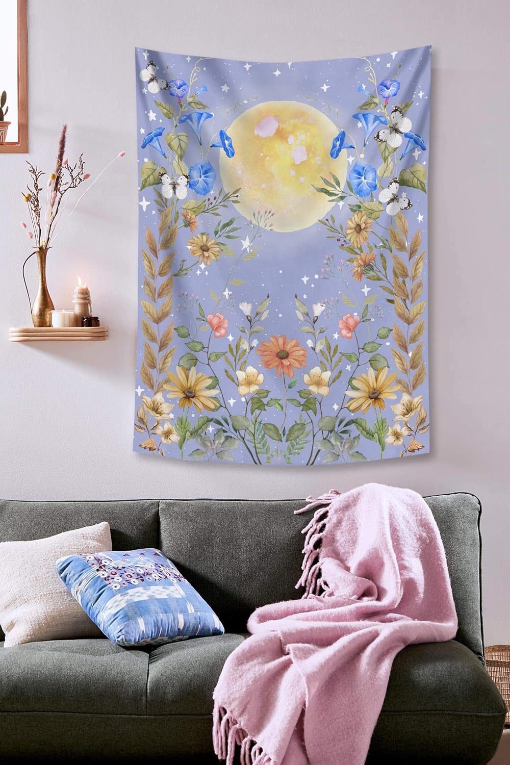 Amazon Com Lifeel Moonlit Garden Tapestry Moon And Stars Surrounded By Vines And Flowers Blue Wall Decor Tapestry 44 60 Everything Else