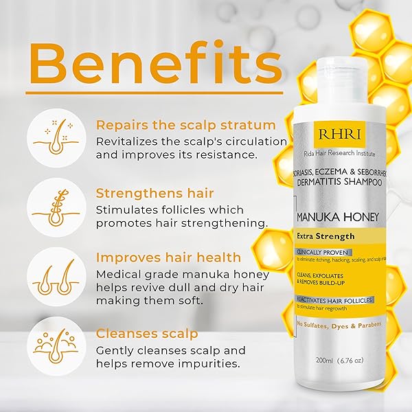 RIDA HAIR RESEARCH INSTITUTE PSORIASIS SHAMPOO FOR MEN & WOMEN | ITCHY SCALP TREATMENT WITH MANUKA HONEY | BEST FOR ECZEMA, SEBORRHEIC DERMATITIS, RINGWORM & FOLLICULITIS SCALP TREATMENT