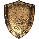 LOOYAR Medieval Double‑Headed Eagle Iron Shield for Wall Display &amp; Swords | Double‑headed eagle pattern Handcrafted iron shield Holders for three swords Wall‑mount display design Home or office d&eacute;cor