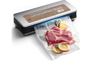 ANYBEAR Vacuum Sealer Machine, 90kPa 120W Wide Seal All-IN-1 Powerful Food Storage, Build-in Cutter | Bags Storage | Digital Countdown Display | 2 Bag Rolls and 5pcs Pre-cut Bags (Silver Wood Grain)