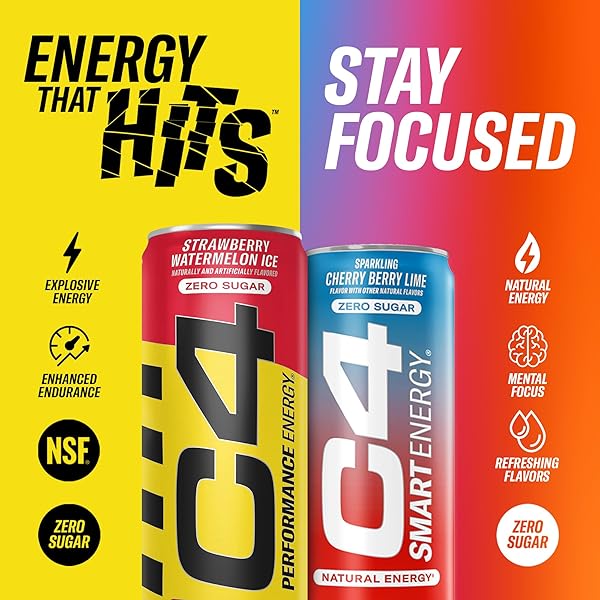 CELLUCOR C4 PERFORMANCE & SMART ENERGY DRINK OFFICIAL VARIETY PACK | ZERO SUGAR CARBONATED PREWORKOUT ENERGY | 150+200MG CAFFEINE WITH BETA ALANINE | 4 FLAVORS | 12 FL OZ (12 PACK)
