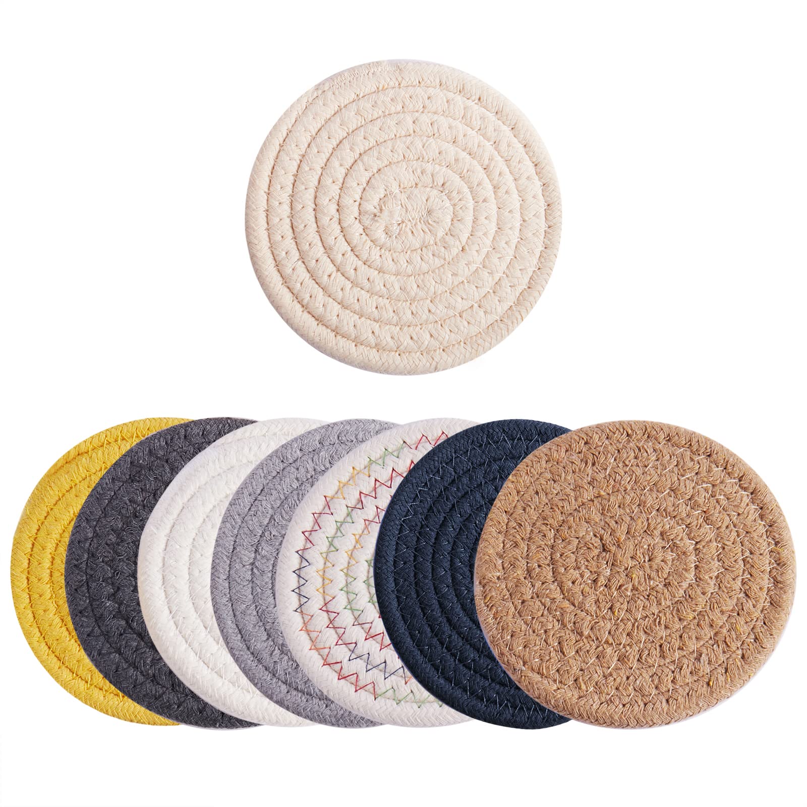 8Pcs 8 Colors Cotton Trivet Mat, Trivet Weave Coasters, Woven Pot Trivet Set Cotton Kitchen Trivets, for Kitchen Hot Pots and Pans,Mixed Color, 117x7mm