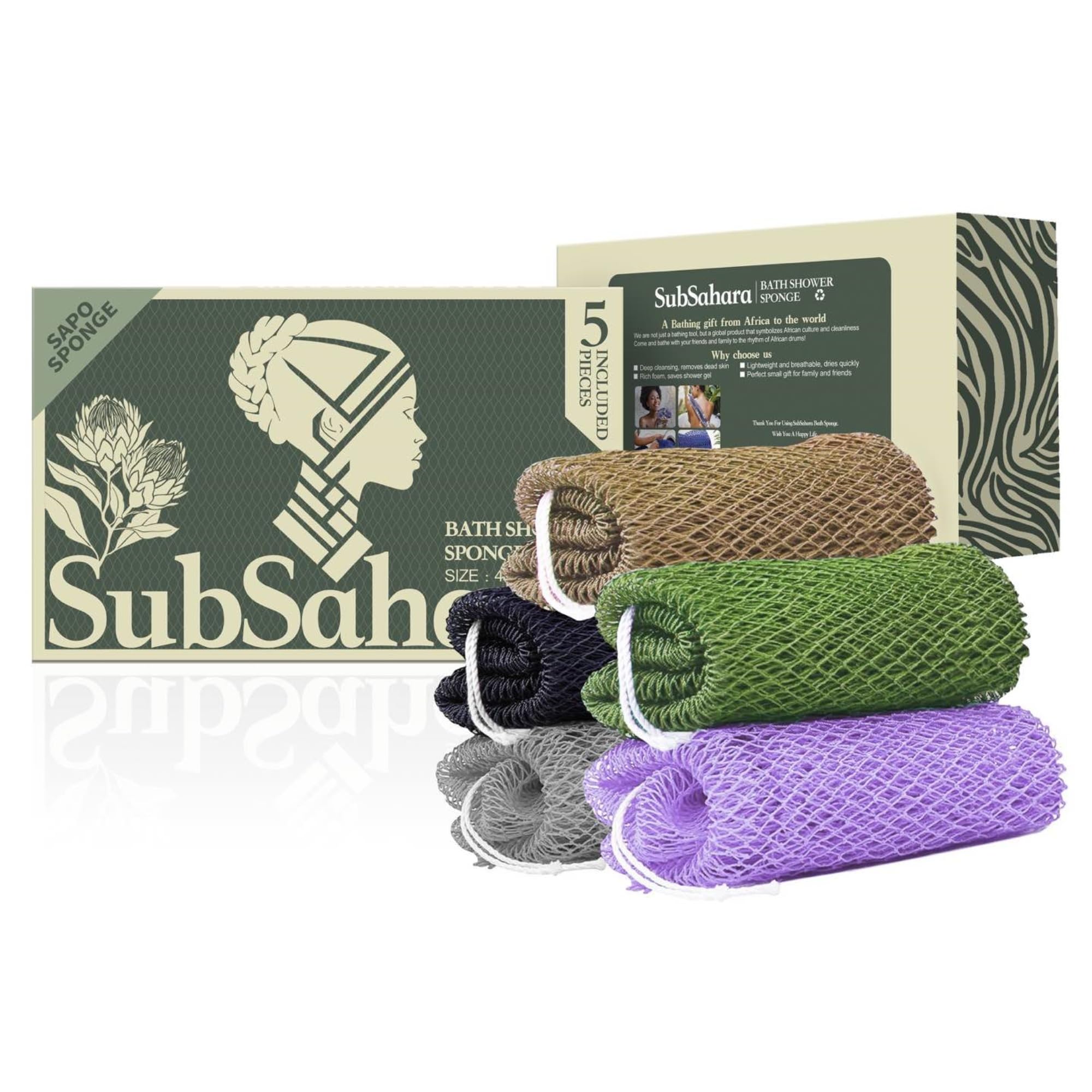 SubSahara Authentic African Net Sponge - 5 Pack Exfoliating Bath & Shower Loofah Sponge for Body & Face, Gentle Scrubber for All Skin Types, Travel, Durable Image