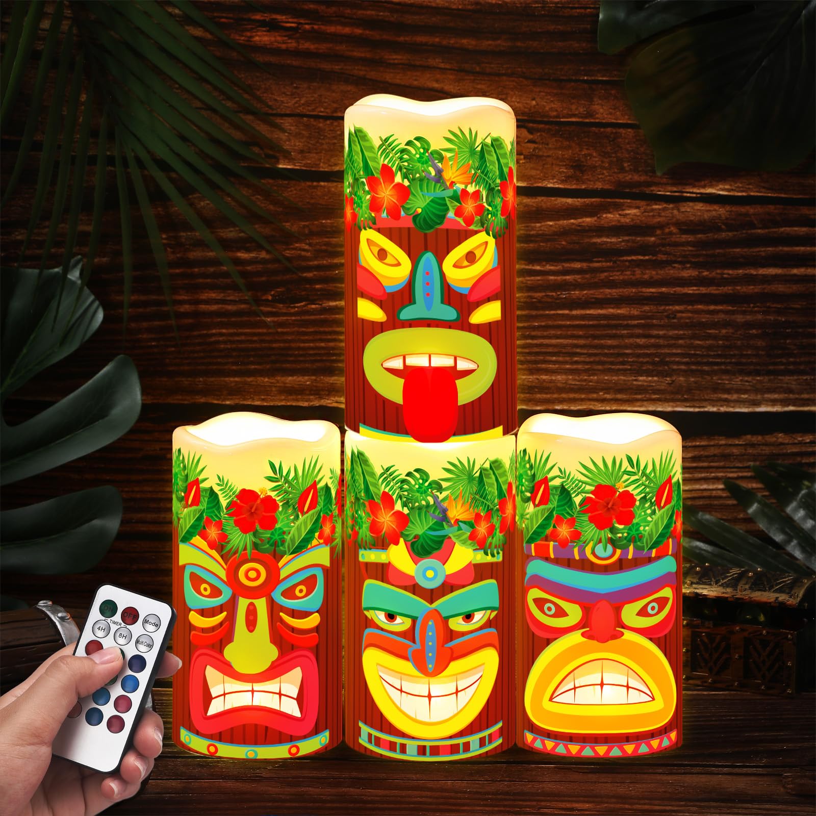 Photo 1 of Baquler 4 Pcs Tribal Tiki Flickering Flameless Candles Hawaiian Luau LED Battery Operated Flickering Candles Eid Mubarak Lights with 18-Key Remote for Summer Holiday Tiki Bar Party Table Decorations