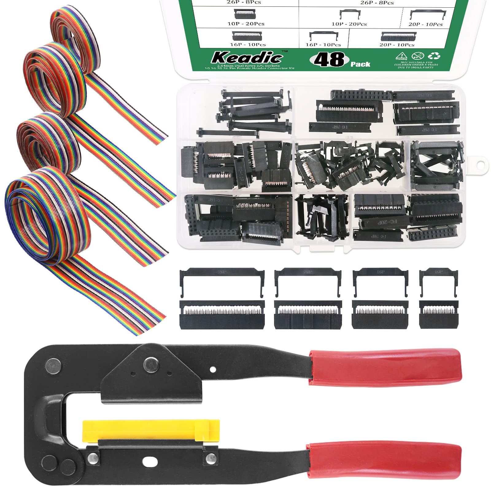Keadic K990 50 Pcs 2.54mm Pitch Dual Rows Female Header IDC Cable Connector Assortment Kit - 10, 16, 20, 26 Pin - Rainbow Color Flat Ribbon Cable and IDC Crimp Tool
