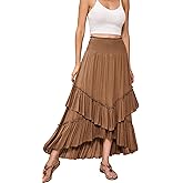R.Vivimos Long Skirts for Women Summer Boho Smocked Strapless Dress Elastic High Waisted Layered Ruffle Hem Beach Midi Skirt