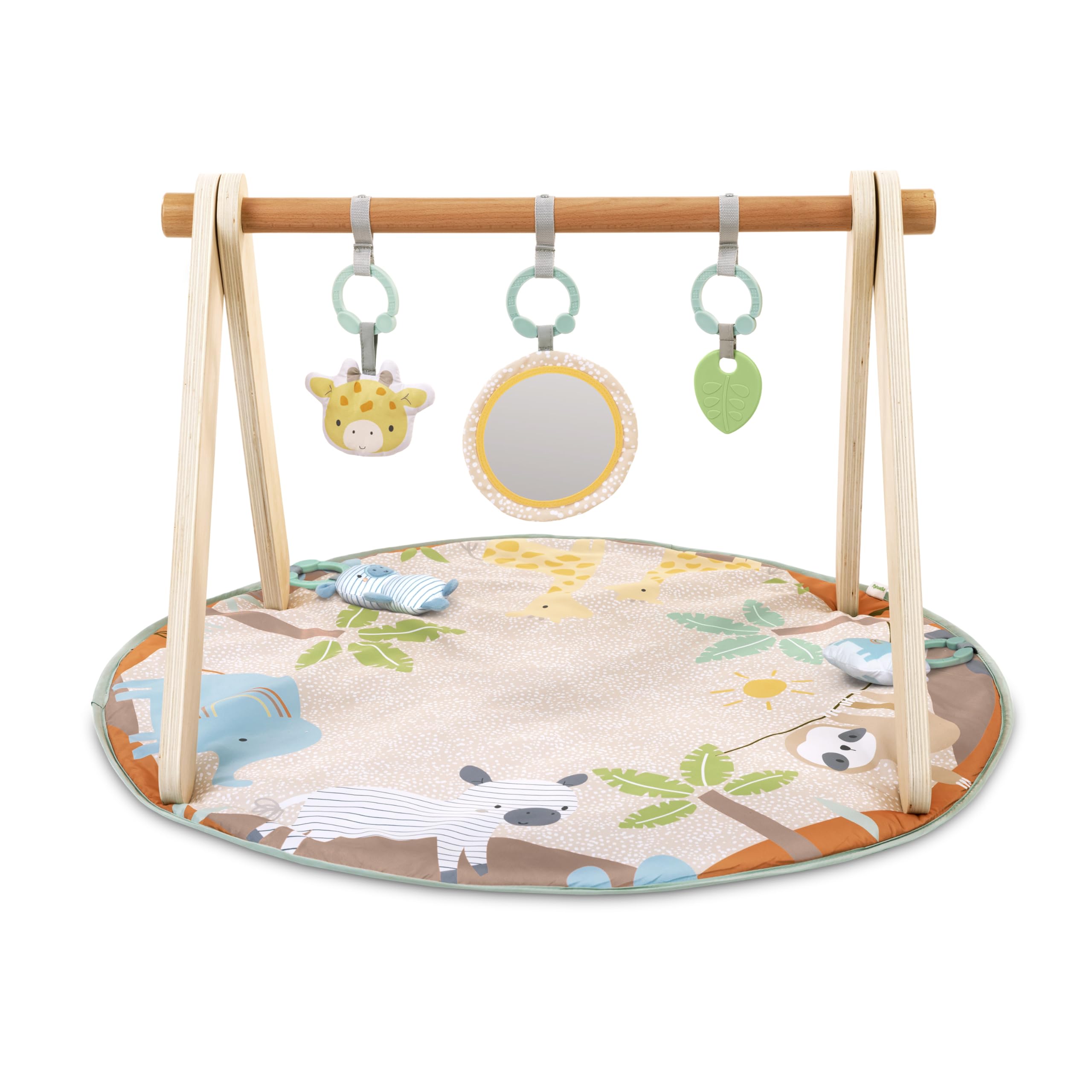 Ingenuity Wonder & Wood Baby Spielmatte & Holzspielzeugbogen - Spielgerät für Baby, faltbare A-Rahmenstange mit 3 herausnehmbaren Spielzeugen, maschinenwaschbare Matte, Unisex, für Alter 0-36 Monate 2