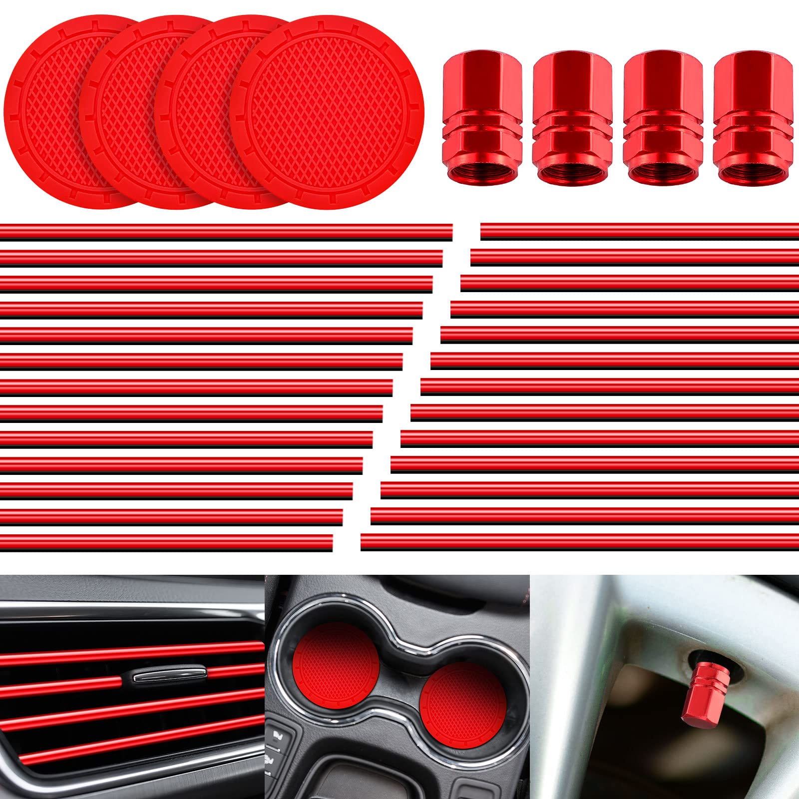 Photo 1 of Frienda 28 Pcs Car Interior Accessories Including 20 Pcs Car Air Conditioner Decoration Strip 4 Non Slip Silicone Car Cup Coaster 4 Car Tire Valve Stem Caps for Most Cars SUVs Trucks(Red)