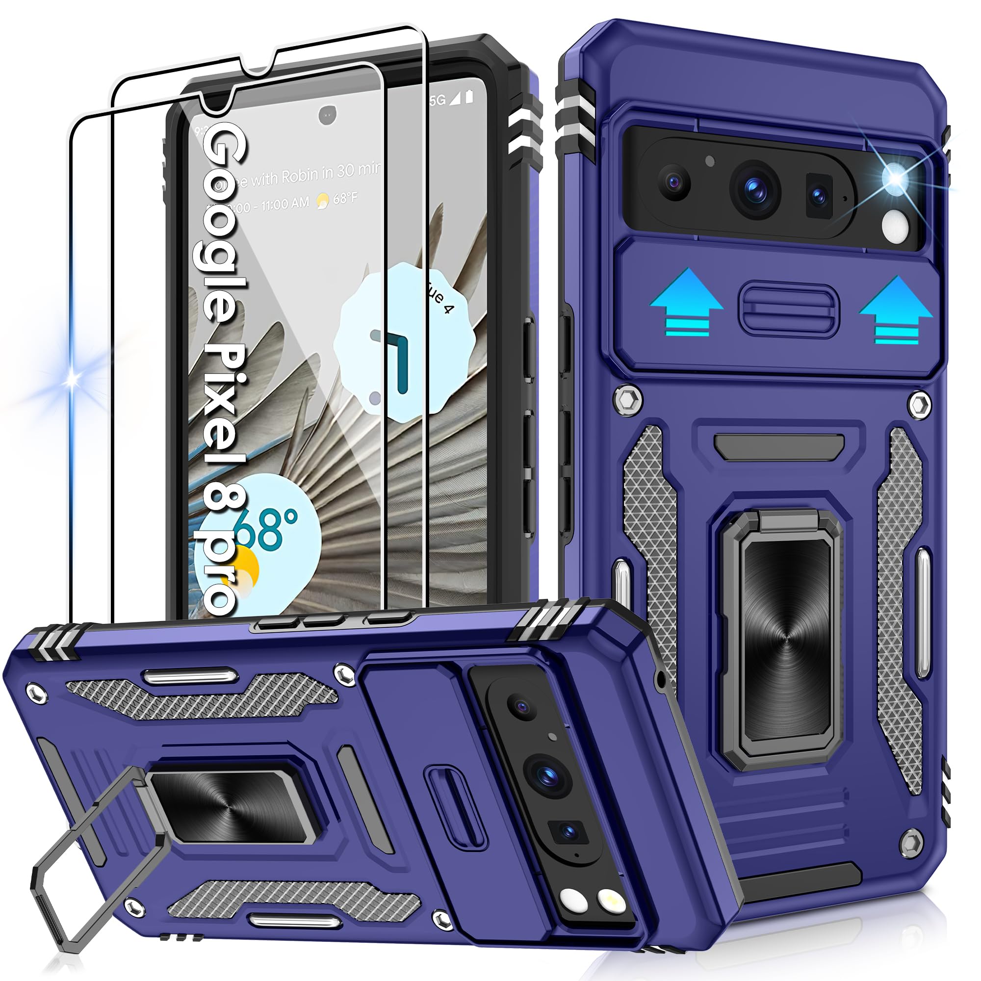 Jshru for Google Pixel 8 Pro Case with Screen Protector [2 Pack] and Slide Camera Cover,Military Grade Shockproof,Armour Phone Cover with Ring Kickstand,Blue — image 1