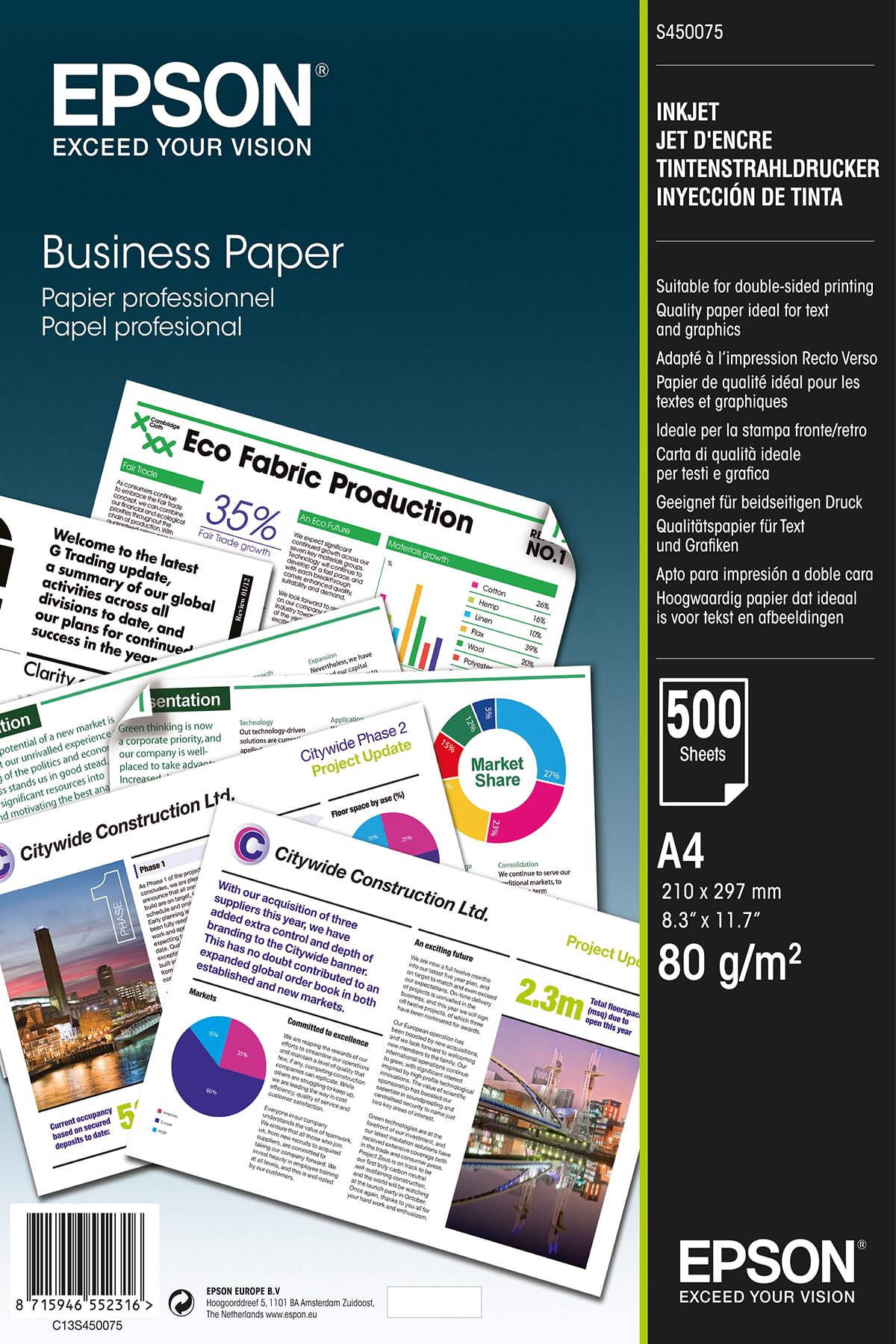 Epson A4 Business Plain Paper (Pack of 500), C13S450075, White