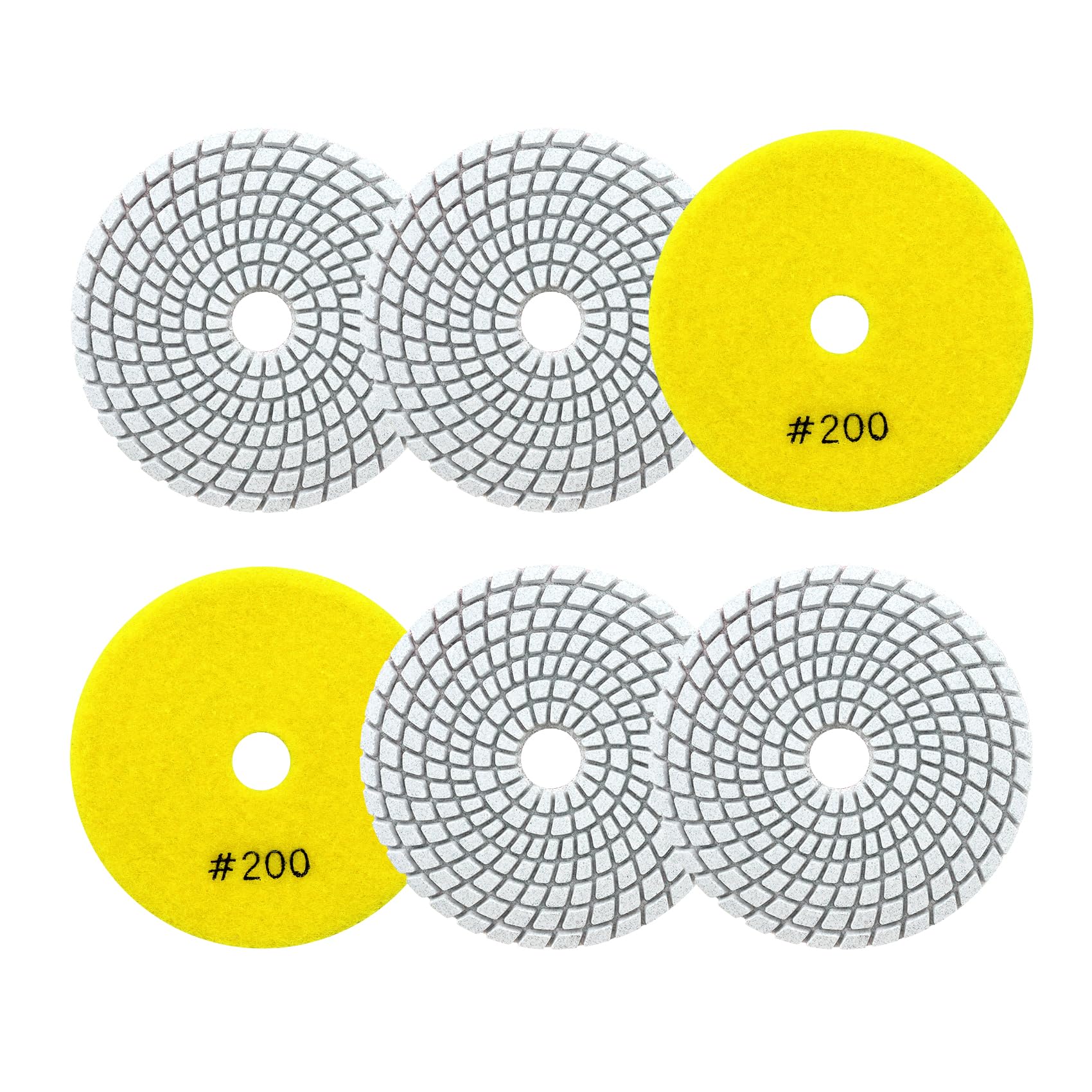 SANLEETEK Wet Diamond Polishing Pads 4"/100mm - 6pcs Grit 200 Polish Pad Kit for Granite Marble Artificial Stone Quartz for Angle Grinder