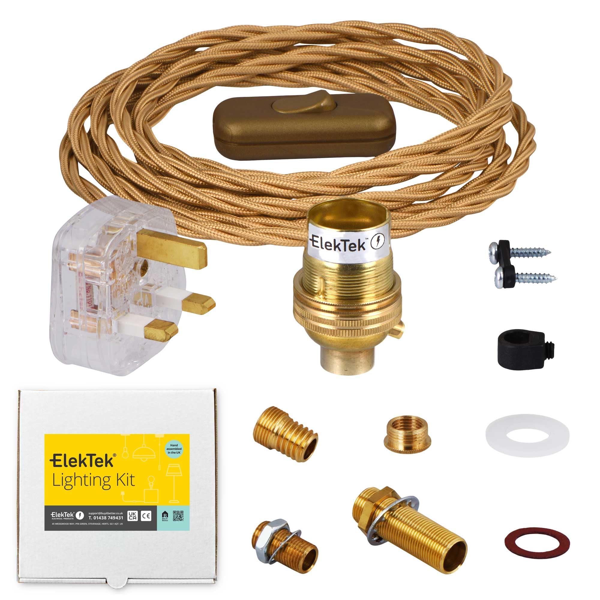 ElekTek UK B22 Lamp Refurbishment Fixing Kit, Solid Brass Unswitched Lamp Holder, Inline Rocker Switch, Extensive Fittings Pack, 13A Plug (3A Fuse) Gold Twisted Braided Fabric 3-Core Lighting Flex