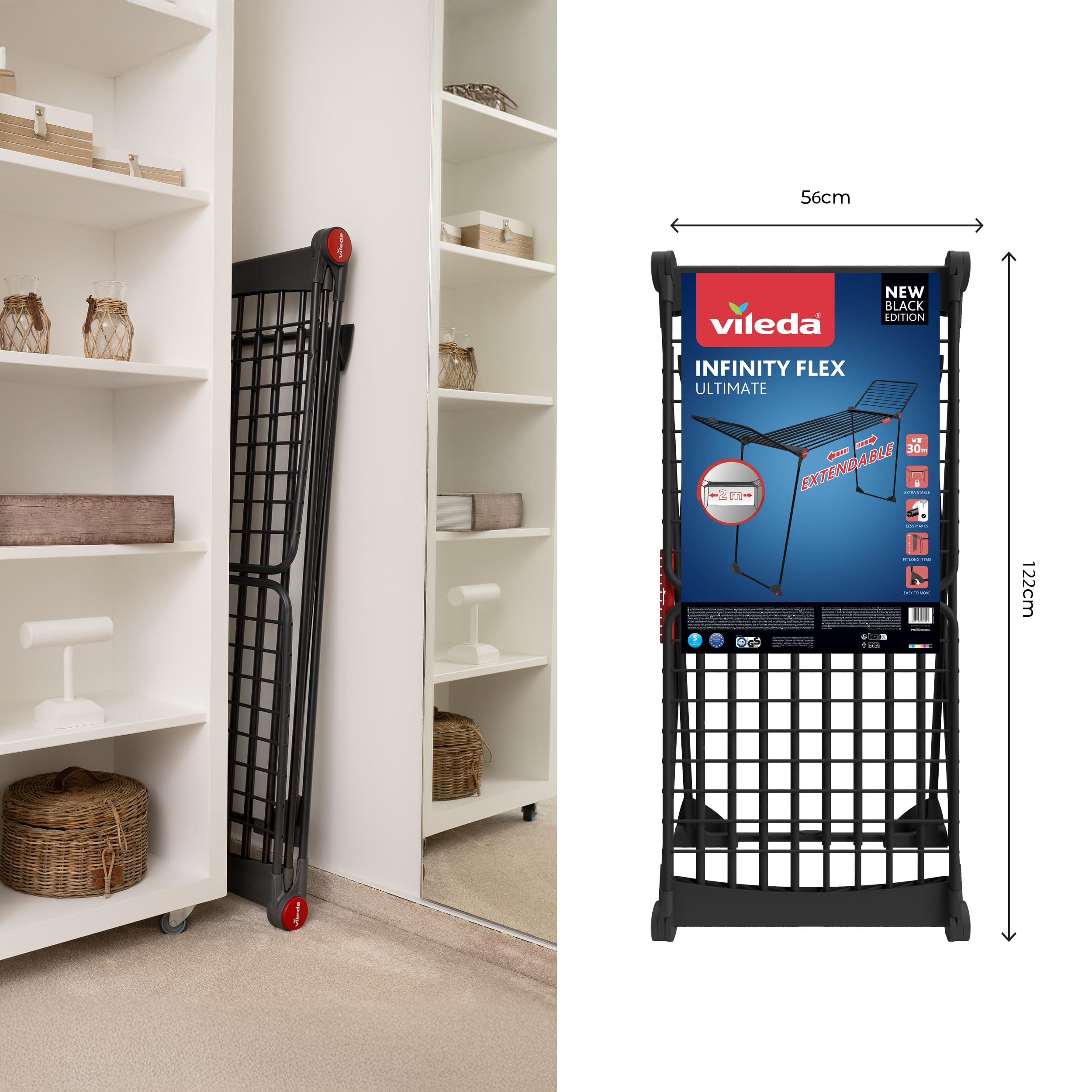 Vileda Infinity Flex Ultimate Wäscheständer Black Edition | Ausziehbares schwarzes Teleskopgestell, XXL-Trockenstäbe | Klappbar & Vormontiert - Weniger Abdrücke für große Textilien | Comfort-Pack 7