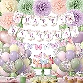 Fairy Birthday Party Decorations Set, Fairy Themed Party Decorations, Green Purple Pink Yellow Balloons Butterfly Banner for Girls Birthday Decorations Spring Tea Party Baby Shower