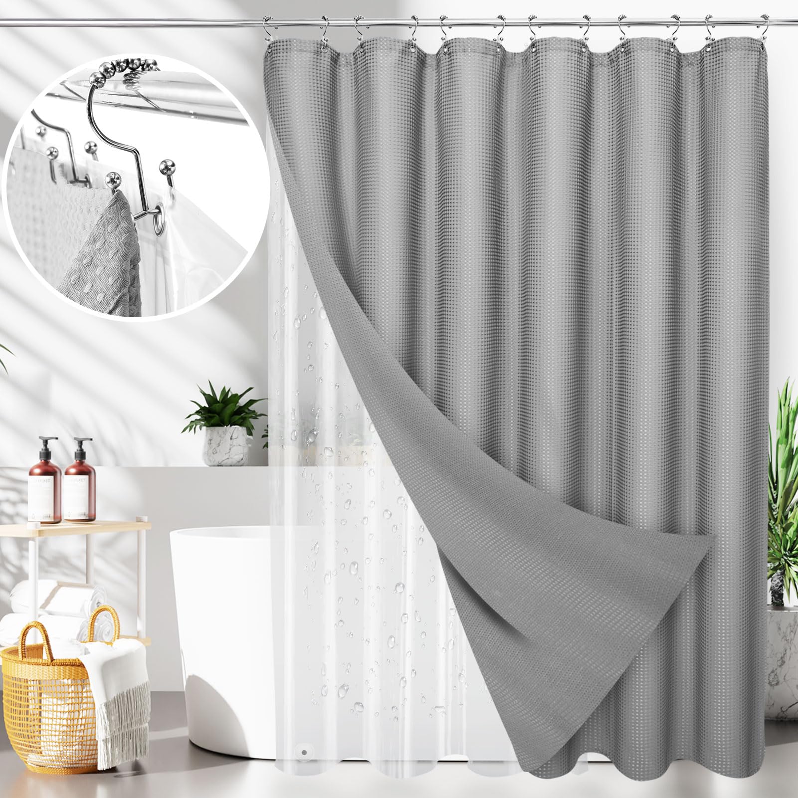 LaCyan 3 in 1 Waterproof Waffle Weave Shower Curtain and Clear Liner Set with 12 Stainless Steel Hooks Double Sided for Bathroom 72 Inches Heavy Duty Polyester Fabric Shower Curtains 72x84 Image
