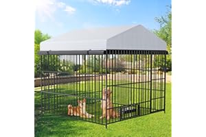 Rovibek Outside Dog Kenne with Roof, Outdoor Dog Kennel with 3 Sides Sun-Proof Cover,Large Dog Kennel Outdoor, Dog Run Enclosure with 2 Rotating Bowls for Large Dogs