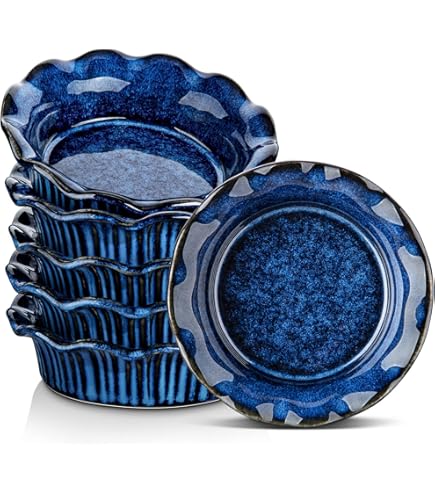 Lot De 6 Petits Moules à Tarte En Céramique Bleu Étoilé 14 Cm – Profonds, Micro-ondes & Four, Idéal Pour Tartes Individuelles, Desserts & Quiches