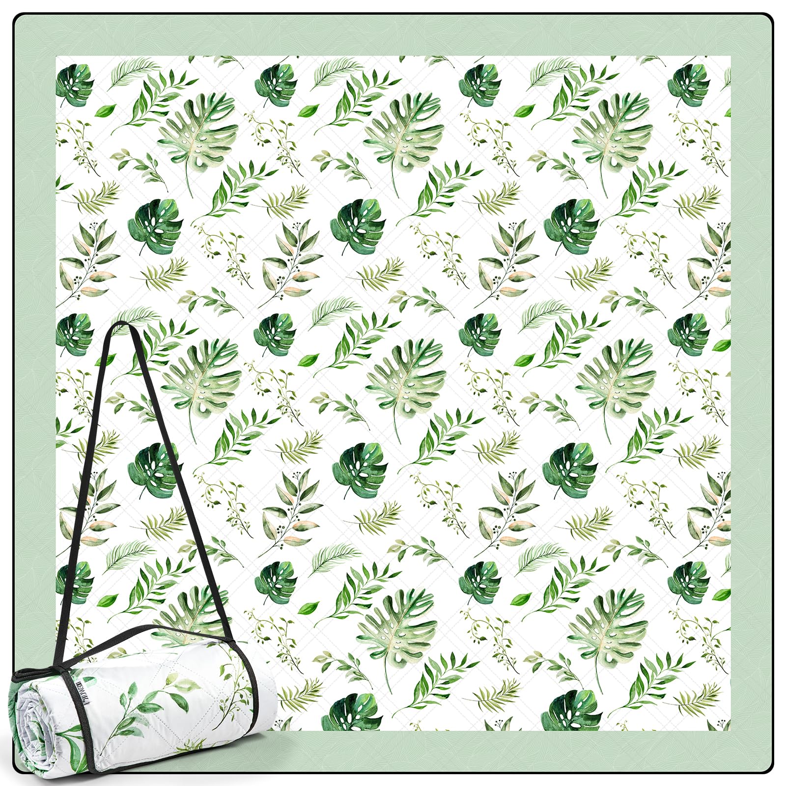 Photo 1 of DEWUR Picnic Blankets 79"x79" Extra Large Outdoor Blanket Beach Blanket Waterproof SandProof Picnic Mat Washable Foldable Portable for Grass Lawn Beach Camping (Green with Leaves)