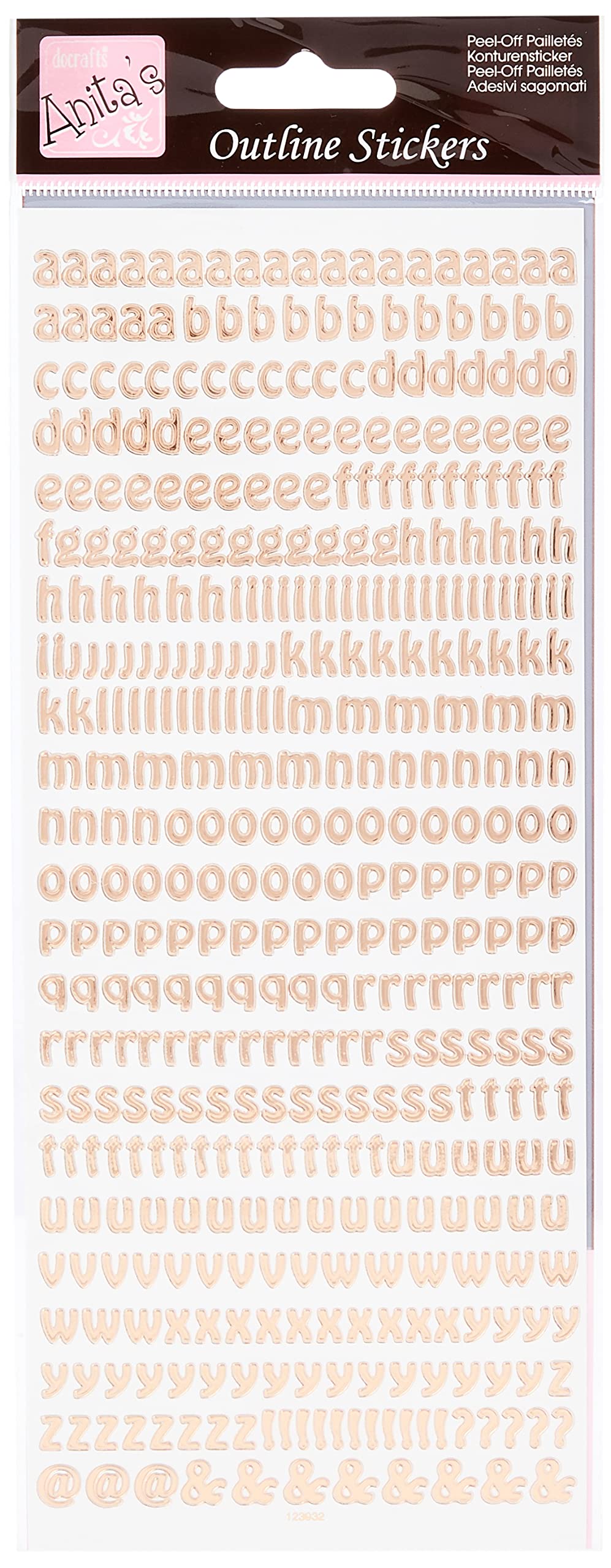 Anitas Outline Stickers, Alphabet, Rose Gold on White, For Scrapbooking, Card Making, Kids Play, Homework, Art, Craft, Embelish, Decorative, Paper, Card, Glass, Metal, Plastic, Foam