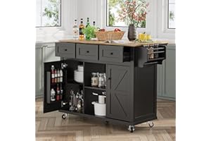 Coolove Kitchen Island with Storage on Wheels, 53" Large Rolling Kitchen Island with Drop Leaf, Mobile Kitchen Islands Cart with 3 Drawers 2 Cabinet, Open-Shelf, Islands Table (Black, 3 Drawers)