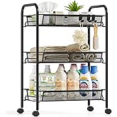 SYKIARIOL Metal Rolling Utility Cart, 3-Tier Mesh Wire Storage Trolley with Easy Assembly, Organizer Craft Cart 3 Hooks, Mobile Shelving Unit for Kitchen, Bathroom, Laundry Room, and Home