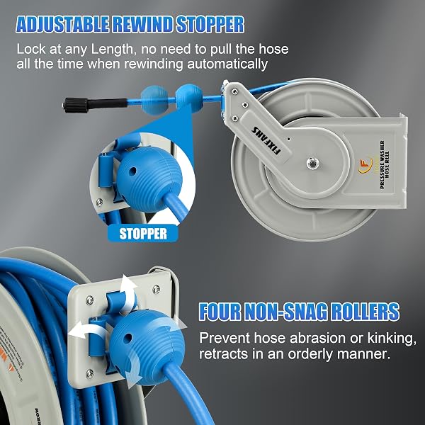 FIXFANS PRESSURE WASHER HOSE REEL WITH HOSE, 1/4″ × 60FT RETRACTABLE POWER WASHER HOSE REEL, HEAVY DUTY HOSE REEL AUTO REWIND, WALL MOUNTED, 3600 PSI