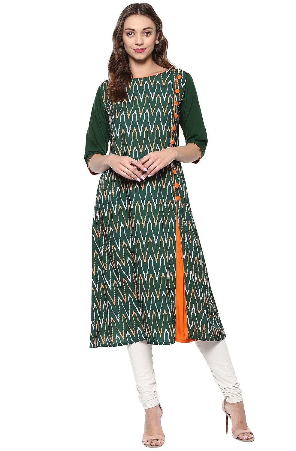 janasya women's green embellished crepe a-line kurti