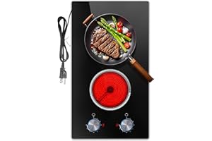 2 Burner Electric Cooktop, 12 Inch Electric Stove Top, 120V Stove Top Burner Knob Control, 2000W Countertop Stove with Timer, 9 Heating Levels, Overheat Protection, High-Temp Alarm Pladeca