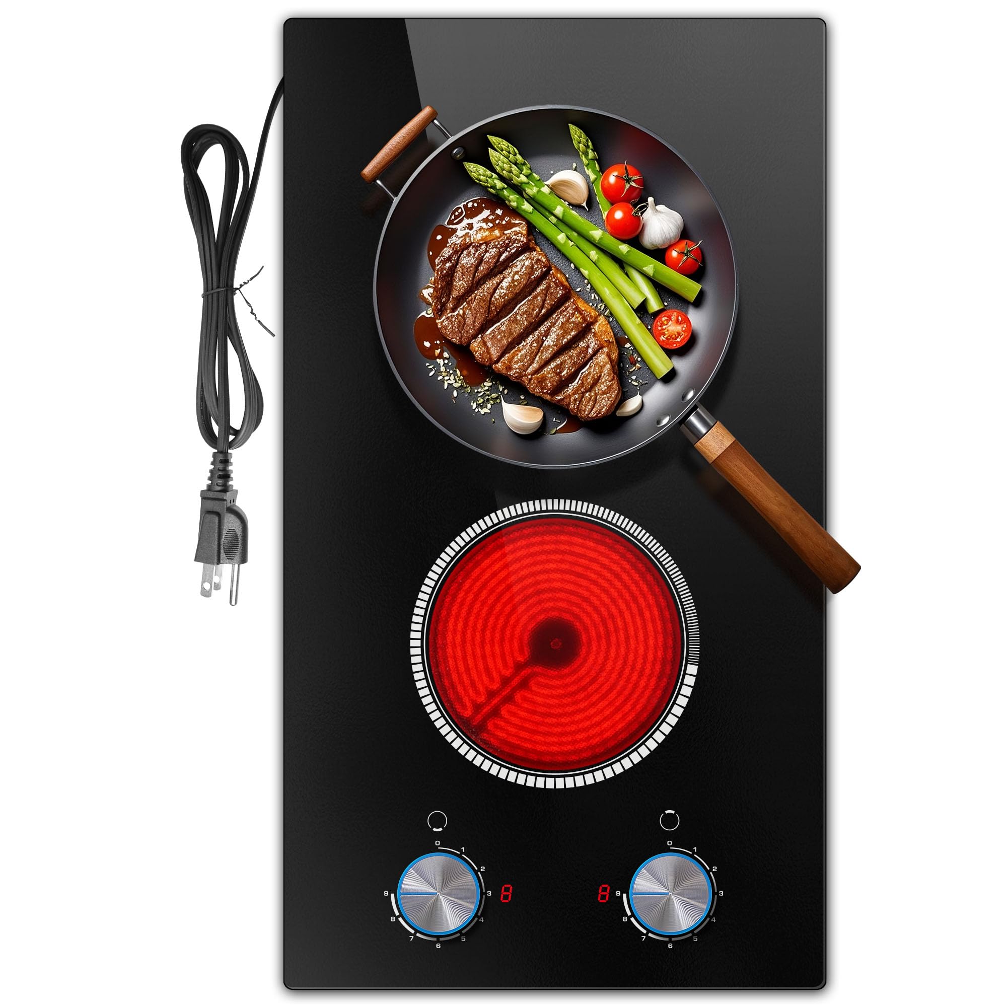 Photo 1 of 2 Burner Electric Cooktop, 12 Inch Electric Stove Top, 120V Stove Top Burner Knob Control, 2000W Countertop Stove with Timer, 9 Heating Levels, Overheat Protection, High-Temp Alarm Pladeca