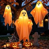iDLEHANDS Halloween Decor, 3 Pack Halloween Hanging Ghosts with Light | 18.5 x 17.7" Ghosts Ornaments Decorations for Yard, Tree, Porch, Window and Halloween Party Outdoor Indoor Decor, Orange