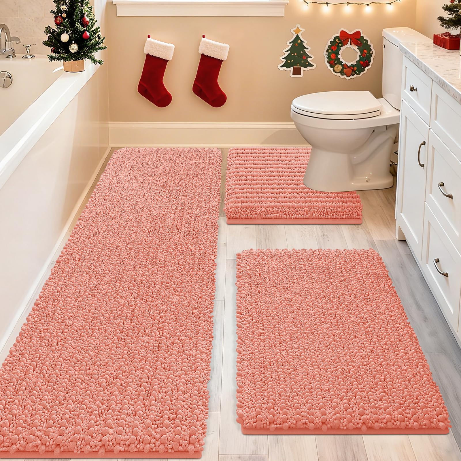ACCUMTEK Upgrade Extra Large Coral Bathroom Rug Set 3 Pieces Ultra Soft, Thick Absorbent Bath Mats, Non Slip Chenille Toilet Mat for Bathroom, Bedroom, Kitchen Image
