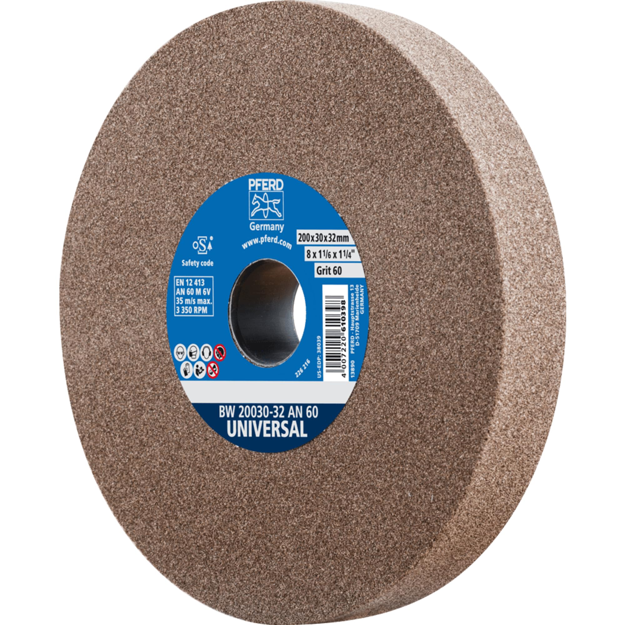 PFERD 39008418 Universal Sanding Disc 200 x 30 x 32 mm A60 Hard Sanding Disc for Universal Grinding Tasks, with Reducing Sleeves (25/20/16 mm)