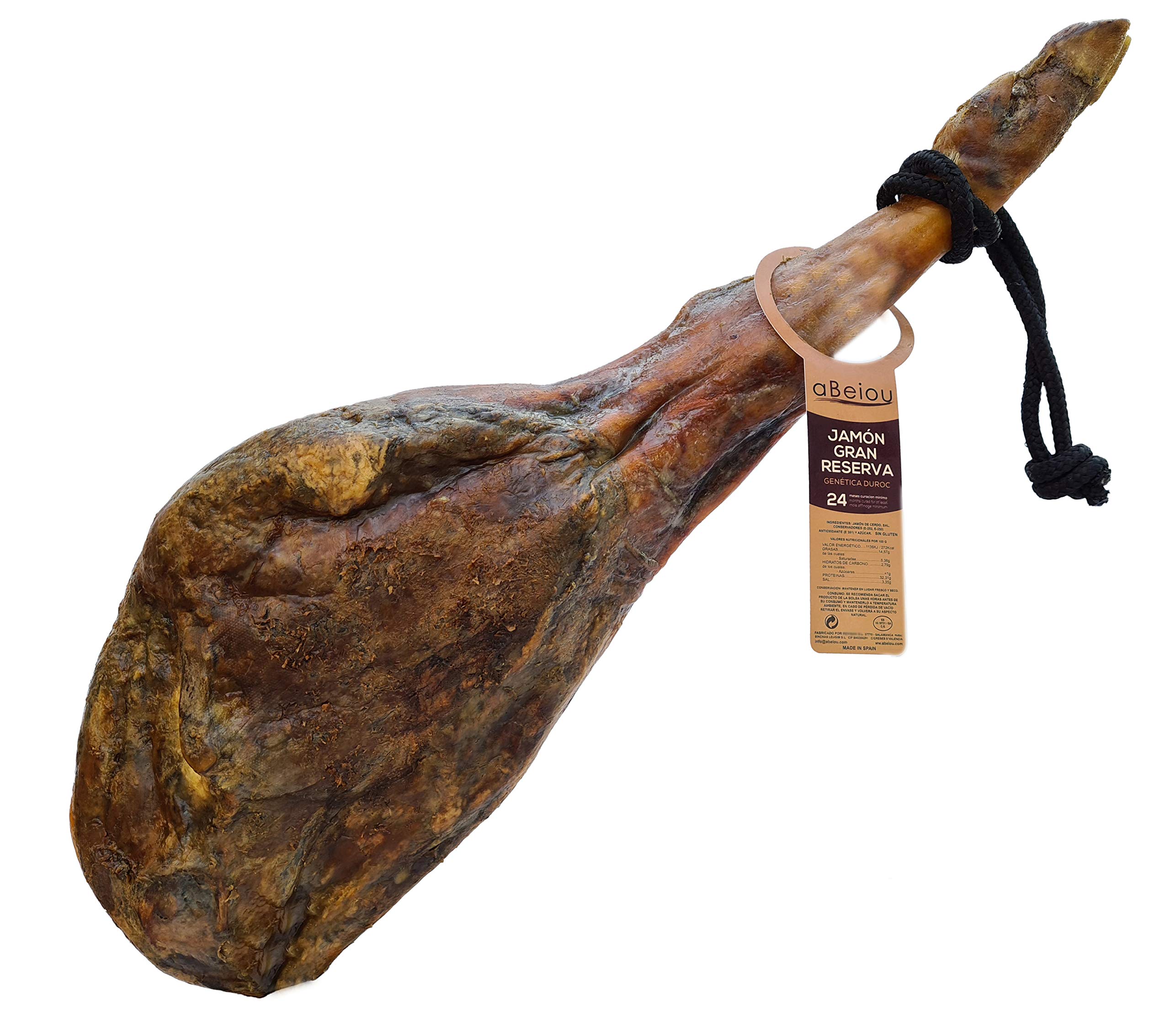 Serrano Ham Grand Reserve Duroc Premium Whole Leg on Bone Ham 7,6–8,6 kg — Cured +24–25 Months — Artisan Jamón Serrano Gran Reserva Duroc — Guijuelo Spain — Vacuum Packed — aBeiou