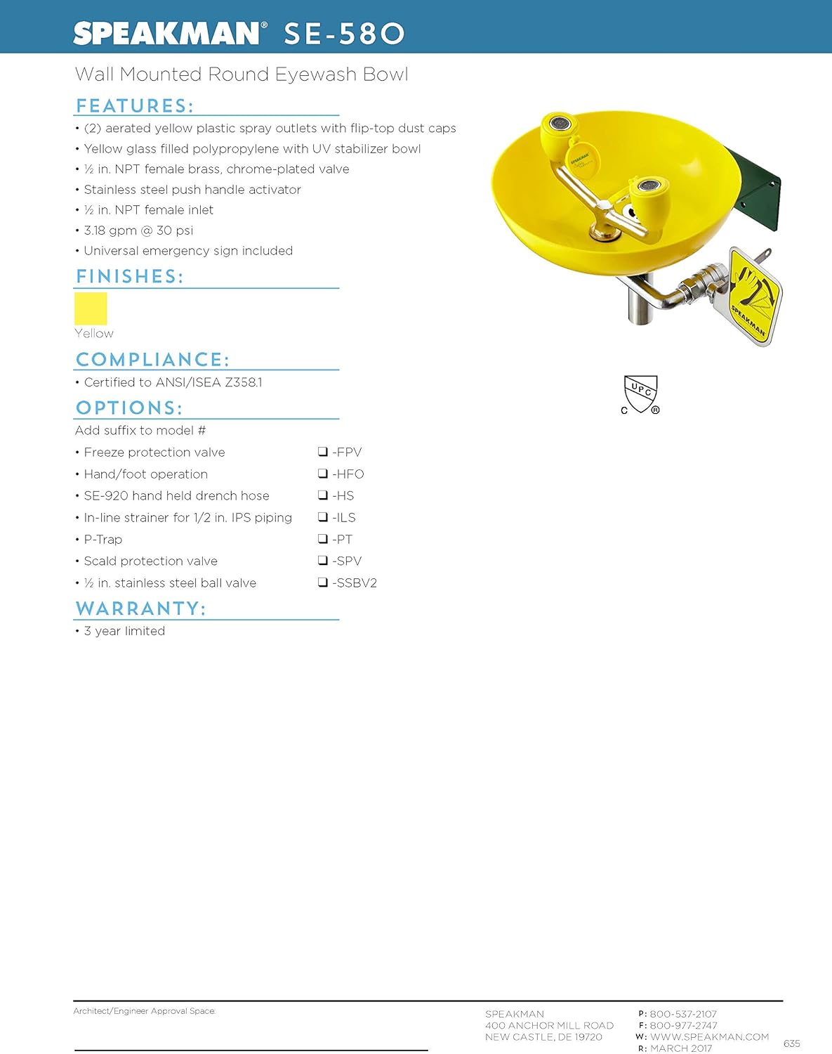 Speakman, Yellow SE-580 Traditional Series Wall-Mounted Emergency Eyewash - Science Lab Eye Wash Units - 