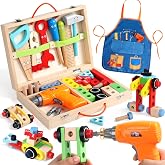 TONZE Wooden Kids Tool Set with Drill, Montessori Toys for 3 Year Old Boys | 44 Pcs with Apron &amp; Box Easy Storage STEM Tool Set for Pretend &amp; Fine Motor Skills Birthday Gifts for 3 4 5 Year Old Boy Girl