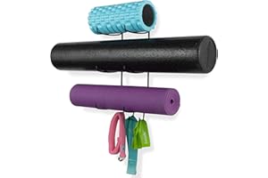Wallniture Guru Yoga Mat Holder Wall Mount with 3 Hooks for Hanging Yoga Strap, Resistance Bands, 5-Sectional Metal
