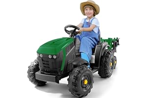 ELEMARA 24V 9AH Ride on Tractor with Easy Detachable Trailer, 400W Motors Electric Tractor Toy for Big Kids, All-Terrain Capability, Safety Design with 3-Point Seat Belt for Ages 3+, Green