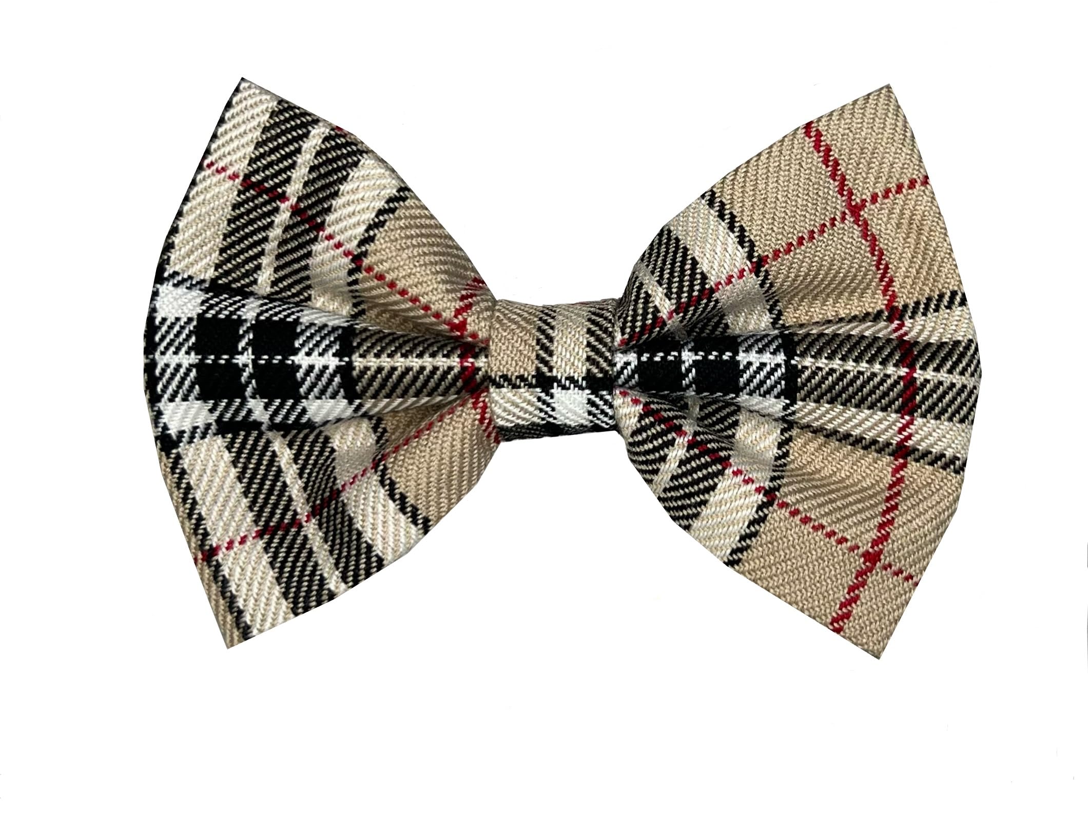 New Dogs Bow Tie Tartan woven Elastic Band attach COLLAR ACCESSORY Handmade UK (Small Tartan Beige woven) — image 1