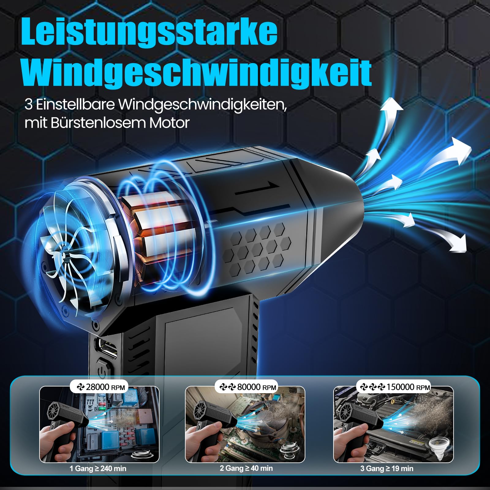 Electric Air Duster,130000RPM Elektrische Staubgebläse Druckluftspray, 3-Gang Mini-Elektrische Staubgebläse, Super Power Turbo Gebläse für Computer, Tastatur, Haus, Outdoor und Auto 3