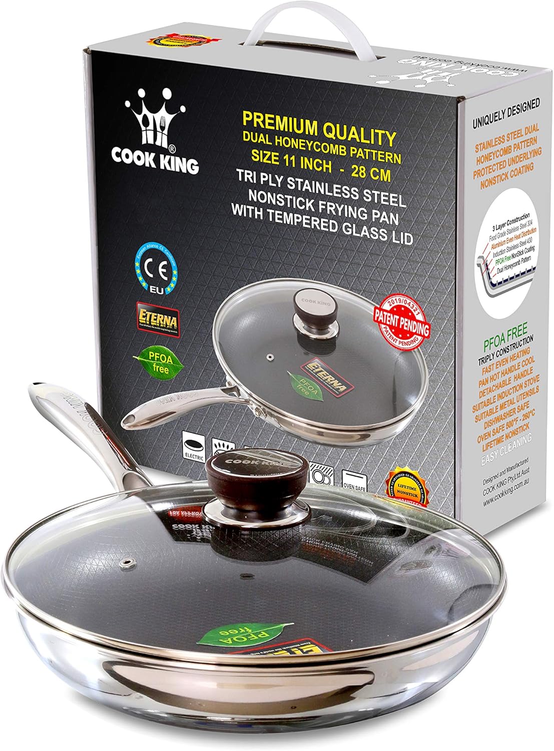 COOK KING 28cm/11inch Triply Stainless Steel Nonstick Skillet/Frying Pan with
