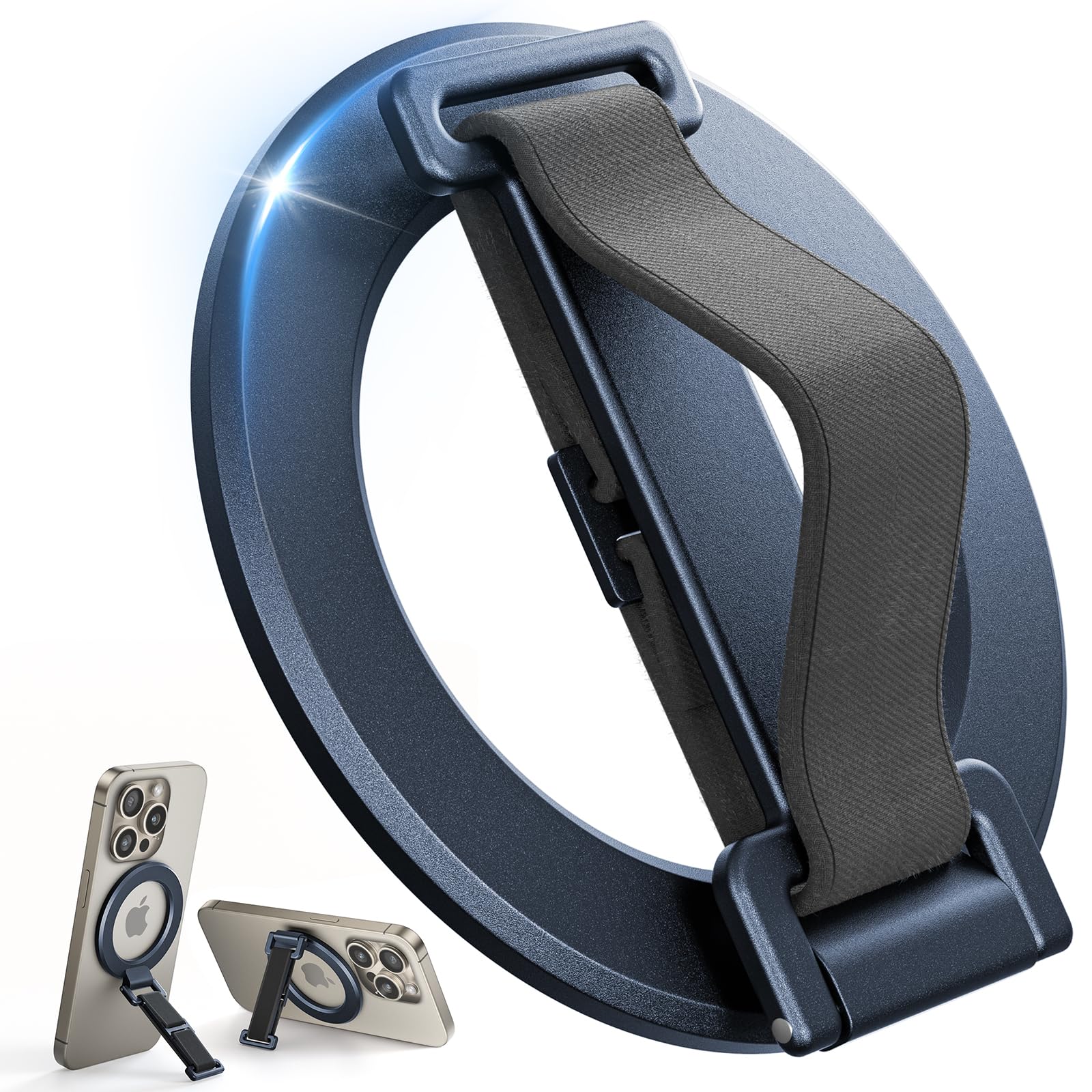 SUPERONE 2025 Upgrade for MagSafe Phone Grip with Finger Strap, Removable Magnetic Ring Holder with Kickstand Finger Loop, MagSafe Accessories for iPhone 17/16/15/14/13/12 Series, Blue