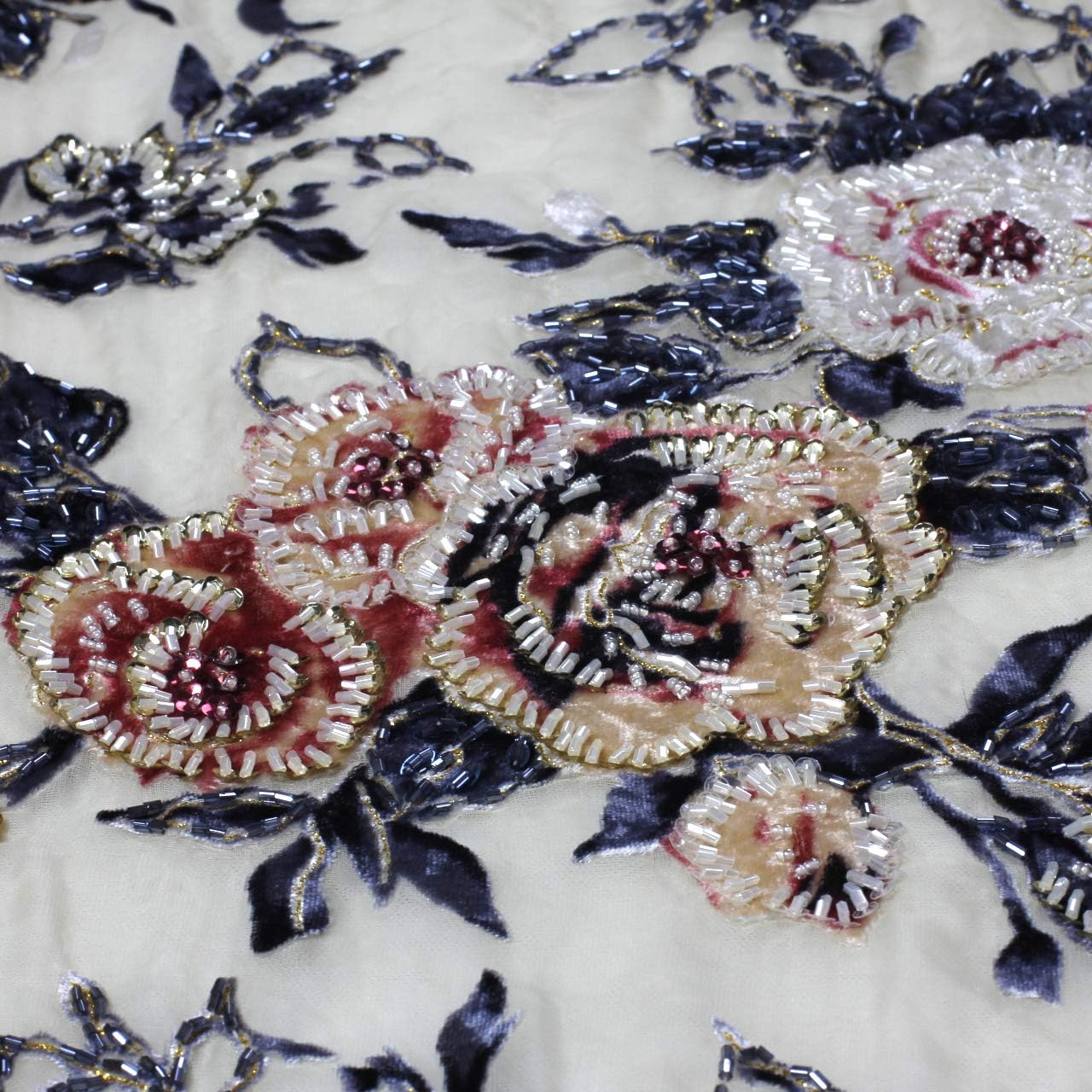 51" Mixed Color Heavy Handmade Beading Lace Fabric on Light Yellow Chiffon by Yard