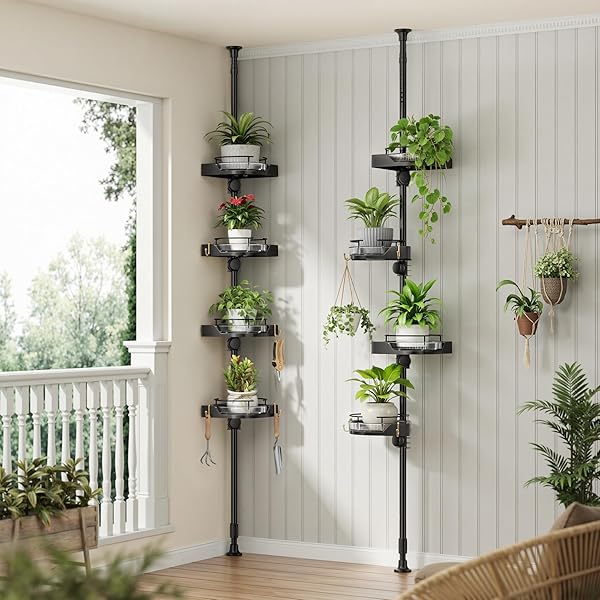 SHUANG QING 360° ROTATING CORNER SHOWER CADDY TENSION POLE ORGANIZER – 4-TIER ADJUSTABLE RUSTPROOF METAL POLE, PLASTIC SHELVES WITH SAFETY GUARDRAIL, BATHROOM STORAGE FOR SHOWER & BATHTUB(BLACK)