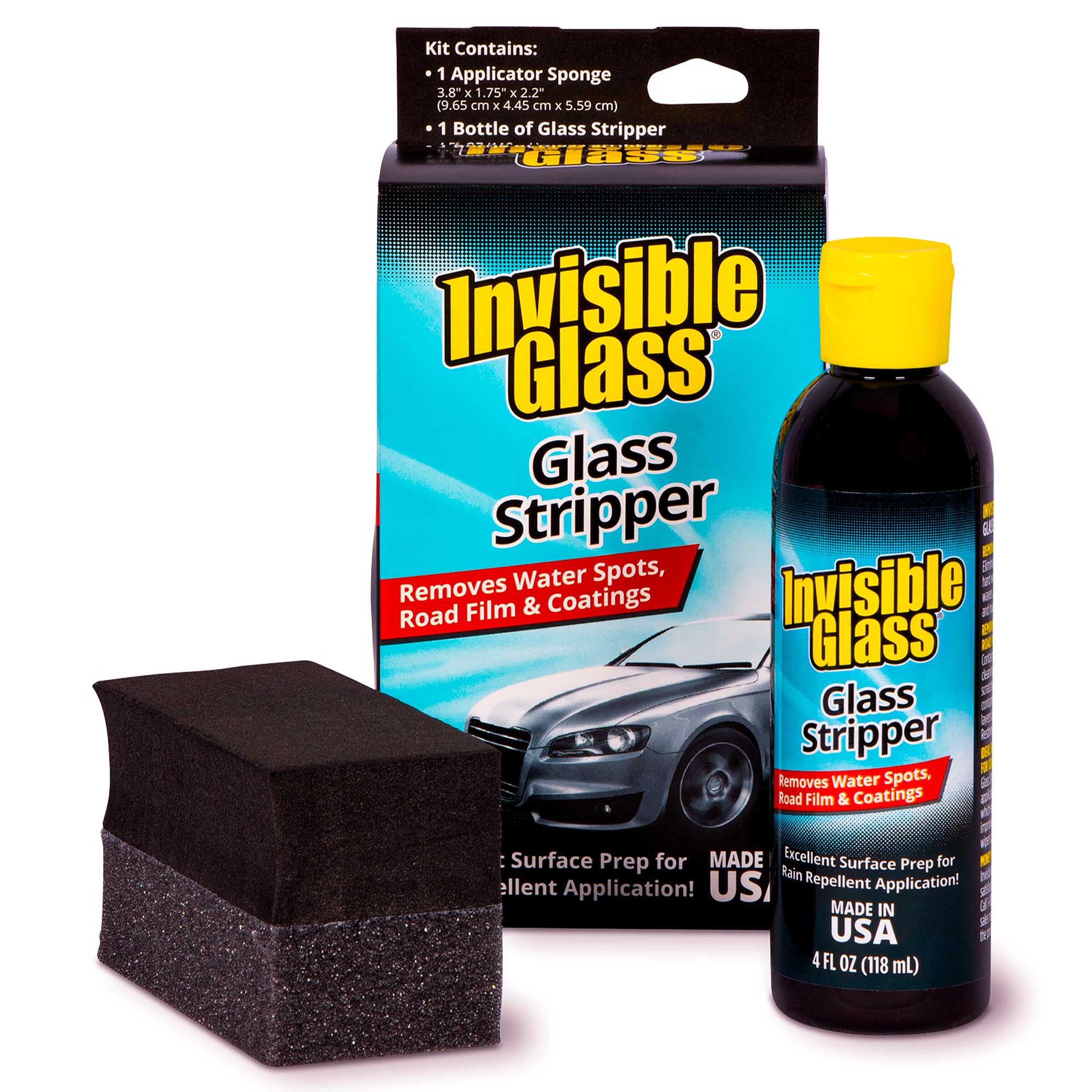 Photo 1 of **MISSING SPONGE** Invisible Glass 91411 Glass Stripper – Hard Water Spot Remover – Strips Coatings, Waxes, Oils & Road Film – Preps Windshields for Rain Repellent & Ceramic Coating – 4 Fl Oz
